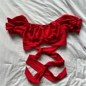Red Cap Sleeve Cropped Sweet Heart Neckline Tie Top